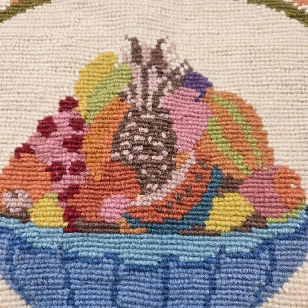 Vintage Handmade Greek Embroidered Peacock / Fruit Round Pillow Cover 19